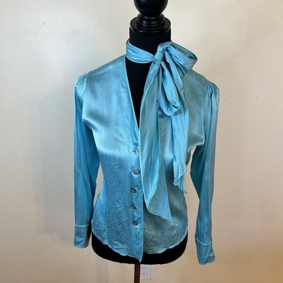 Linda Allard Ellen Tracy Womens Aqua Blue Career Blouse Top Neck Tie PS 4 Silk - Picture 1 of 8